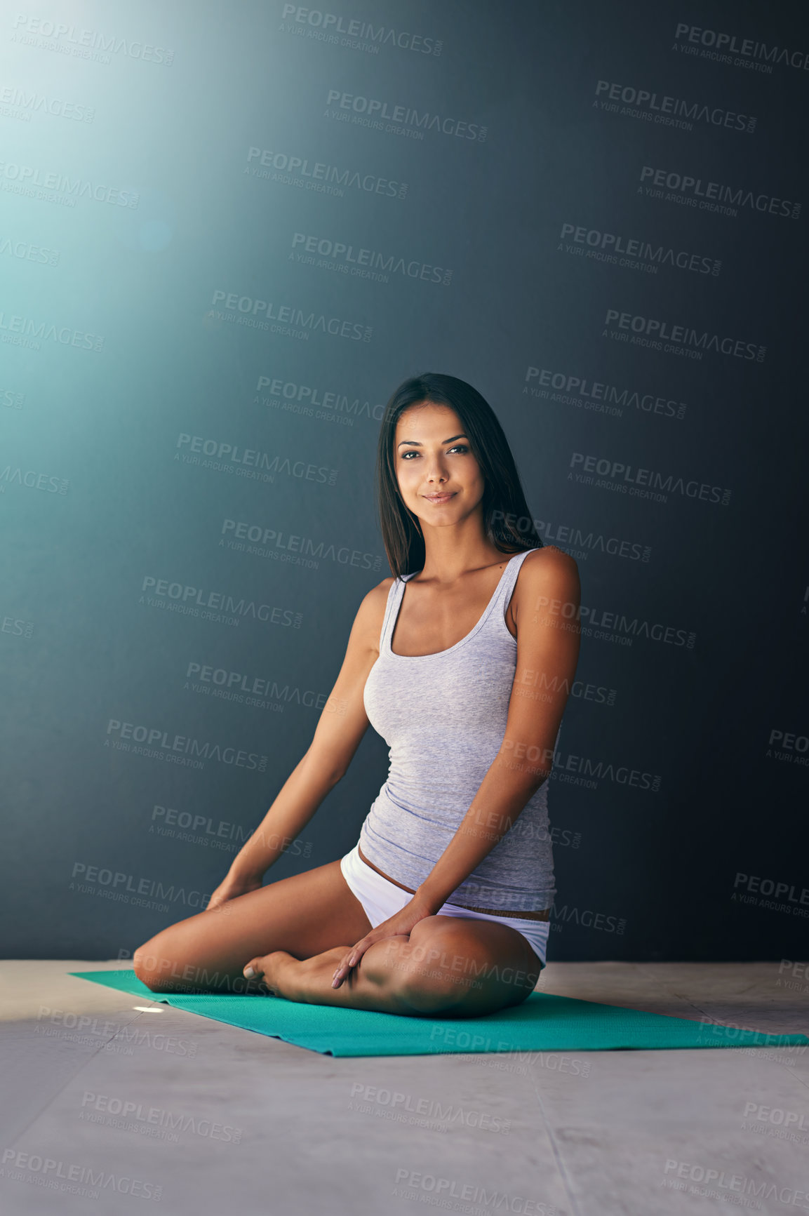 Buy stock photo Yoga mat, health and portrait of calm woman in apartment for zen, wellness and fitness exercise. Balance, smile and young female person with pilates workout for body movement on floor at home.