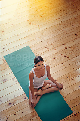 Buy stock photo Yoga mat, wellness and woman in gym for exercise with zen, balance or health workout. Mindfulness, calm and high angle of female person with pilates training for fitness with peace on floor in studio