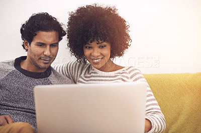 Buy stock photo Couple, laptop and lounge with technology, smile and love for home or house date. Man, woman and living room for internet, tech and social media for bonding and happy relationship or marriage on sofa