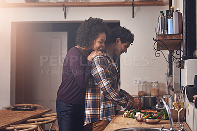 Buy stock photo Happy, cooking and couple in kitchen in home cutting fresh, organic and nutrition vegetables for meal. Smile, love and young man and woman preparing food for diet supper, lunch or dinner at house.