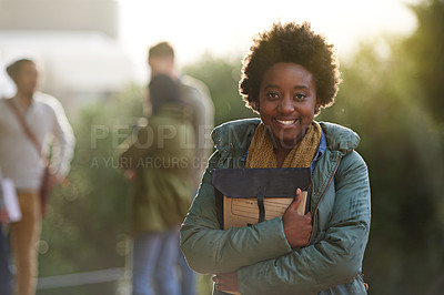 Buy stock photo Black woman, university student and portrait with book on campus for prepare, information and notes on research. Outdoor, college and knowledge with advice for test and assignment submission. 