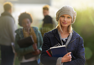 Buy stock photo Student, woman and portrait with books outdoor, education and learning material in winter for studying. School, scholarship and university for academic growth, textbook or notebook with knowledge