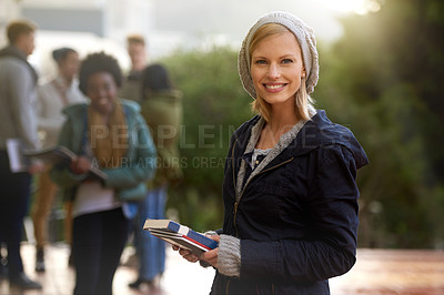 Buy stock photo Woman, portrait and student outdoor with books for studying, learning and education for academic growth. Knowledge, scholarship and degree with smile on campus, college with textbook or folder