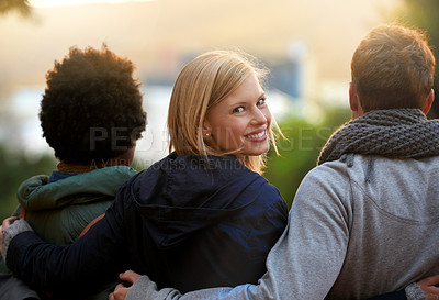 Buy stock photo College, friends and portrait with hug or happy for bonding, relax and break on campus with diversity. University, people and smile with embrace for support, education and learning fun with rear view
