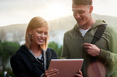 Buy stock photo Friends, university and student with tablet on outdoor in happiness and campus for research, information and assignment. Ebook, online and college with notes for exams and study tips for assessment 
