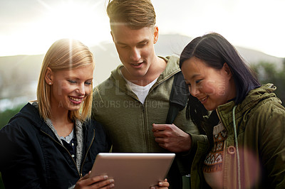 Buy stock photo College, friends and happy with tablet outdoor for research, relax or break on campus with social media. University, people and smile with technology for internet, streaming or learning with sunlight