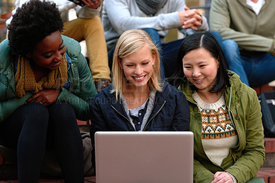 Buy stock photo University, women and laptop on stairs outdoor for research, relax or break on campus with social media. College, students and smile with technology for internet, streaming or learning and diversity