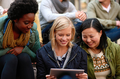 Buy stock photo University, friends and smile with tablet outdoor for research, relax or break on campus with social media. College, people and happy with technology for internet, streaming or learning and diversity