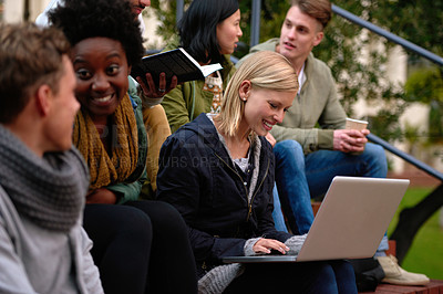 Buy stock photo College, friends and laptop on stairs outdoor for research, relax or break on campus with social media. University, students or smile with technology for internet, streaming or learning and diversity
