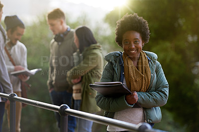 Buy stock photo Student, black woman and portrait with books on campus, education and learning material for studying. Happy, scholarship and university for academic growth, textbook or notebook with knowledge