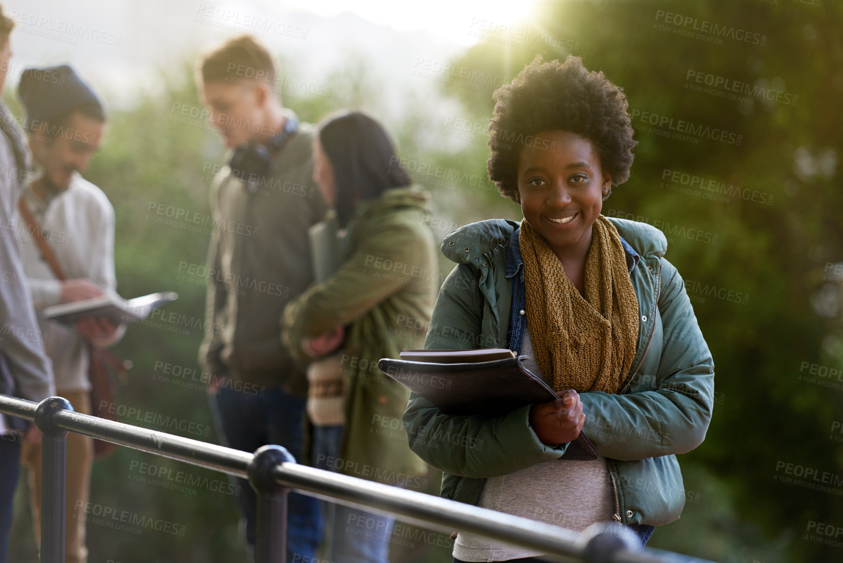 Buy stock photo Student, black woman and portrait with books on campus, education and learning material for studying. Happy, scholarship and university for academic growth, textbook or notebook with knowledge