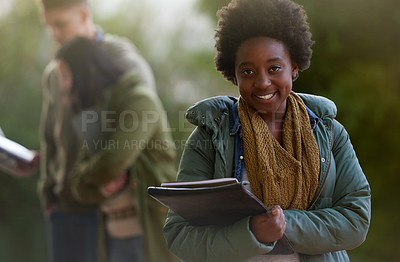 Buy stock photo Student, black woman and smile with books on campus, education and learning with studying. Happy, scholarship and university for academic growth, textbook or notebook with knowledge in portrait
