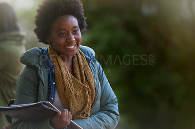 Buy stock photo Student, black woman and smile with books on campus, education and learning material for studying. Happy, scholarship and university for academic growth, textbook or notebook with knowledge outdoor