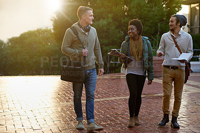 Buy stock photo Full length shot of three college students on campus