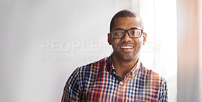 Buy stock photo Portrait, business and happy black man in office, workplace or company for startup job. Face, glasses and smile of professional entrepreneur, employee and creative designer on mockup space in Kenya