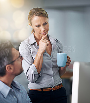 Buy stock photo Female worker, thinking and ideas for teamwork, office and colleague for vision, brief and strategy. Career woman, coworker and coffee mug in job or workplace for solutions, decision or planning