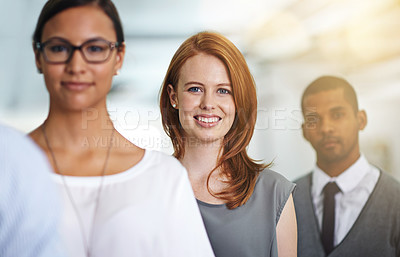 Buy stock photo Portrait, team and happy business woman in queue at office or workplace of entrepreneur. Face, group and professional people in a row together for cooperation or collaboration of diverse advisors