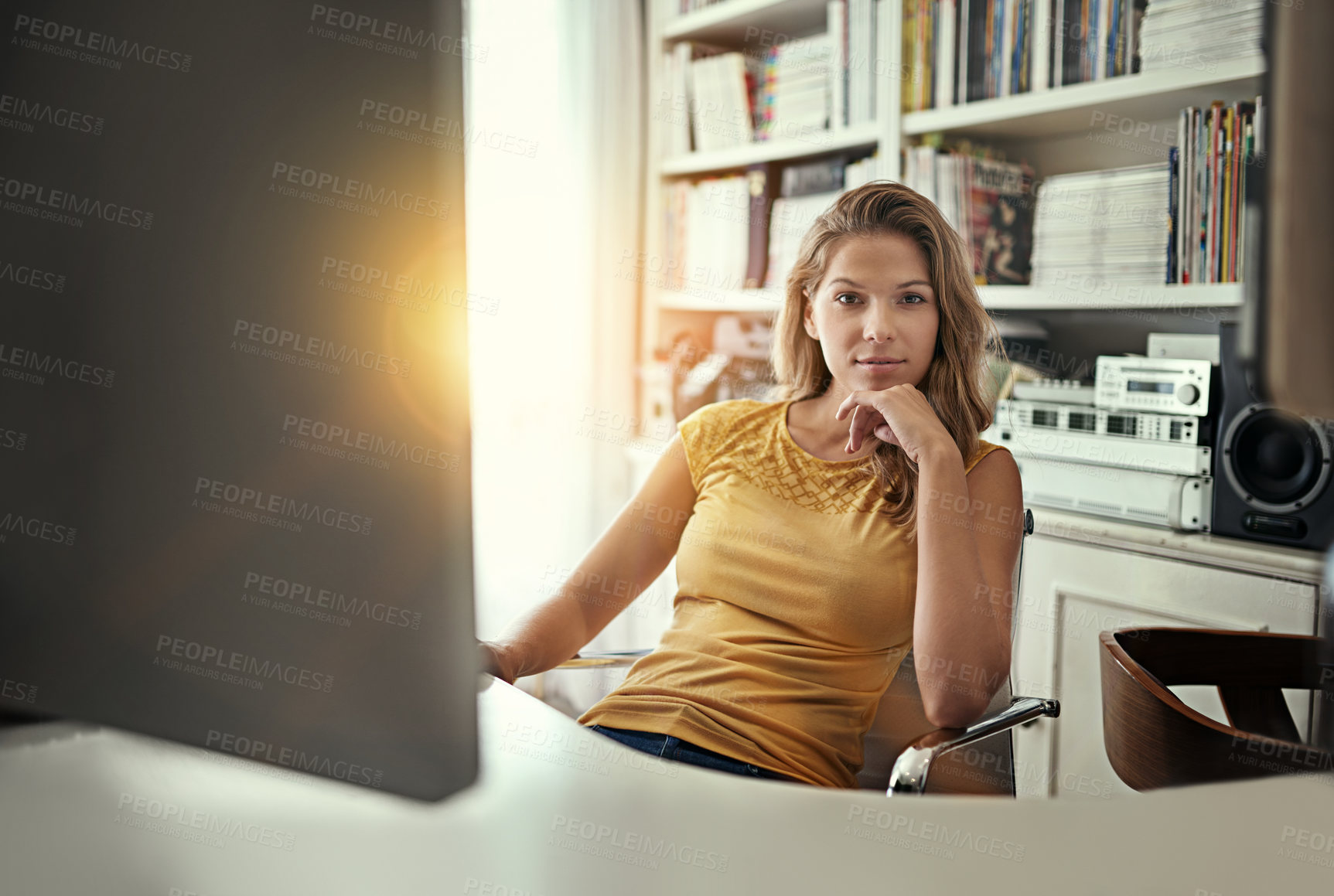 Buy stock photo Remote work from home, portrait and woman with computer, small business and startup. Face, person and entrepreneur at desk, pc and internet for research, copywriting and confidence with pride