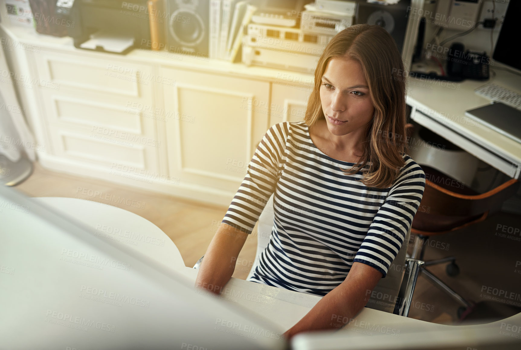 Buy stock photo Desk, job and woman with computer in home office for remote work, research and email communication. Freelancer, person and investor with tech for day trading, investment and stock market information