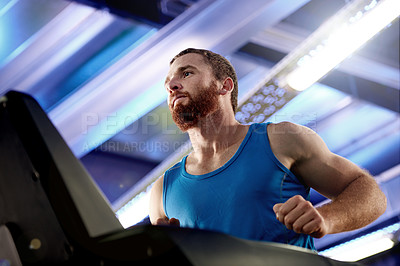 Buy stock photo Sports, runner and man running on treadmill in gym for health, speed or challenge for marathon. Fitness, exercise and male athlete with cardio workout for race or competition training on machine.