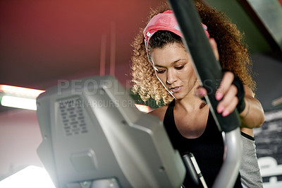 Buy stock photo Fitness, gym or woman on stepper machine for cardio training, body workout or energy for endurance. Development, exercise action or healthy sports person in club for aerobics, challenge or wellness