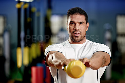 Buy stock photo Portrait, man and workout with kettlebell in gym for fitness, wellness or healthy body. Face, person and strong bodybuilder weightlifting for muscle, power or training to exercise for sports at club