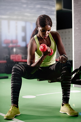 Buy stock photo African girl, weight or strength as fitness, health or wellness by training, exercise or workout. Fit, strong or black woman in gym, gear or muscle as power, performance or self care commitment