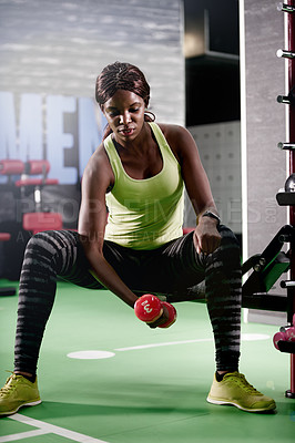 Buy stock photo Gym, African woman or weight as strength, fitness or health by training, exercise or workout. Fit, confident or black girl in flex, muscle or breath as power, performance or self care for wellness