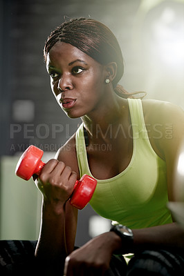 Buy stock photo Weight, African woman or gym as strength, fitness or health by training, exercise or workout. Flex, breath or black girl as confident, fit or muscle by power, performance or self care for wellness