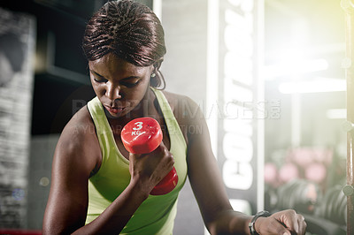 Buy stock photo Weight, African woman or breath as strength, fitness or health by training, exercise or workout. Flex, arm or black girl as confident, fit or muscle by power, performance or self care of gym wellness