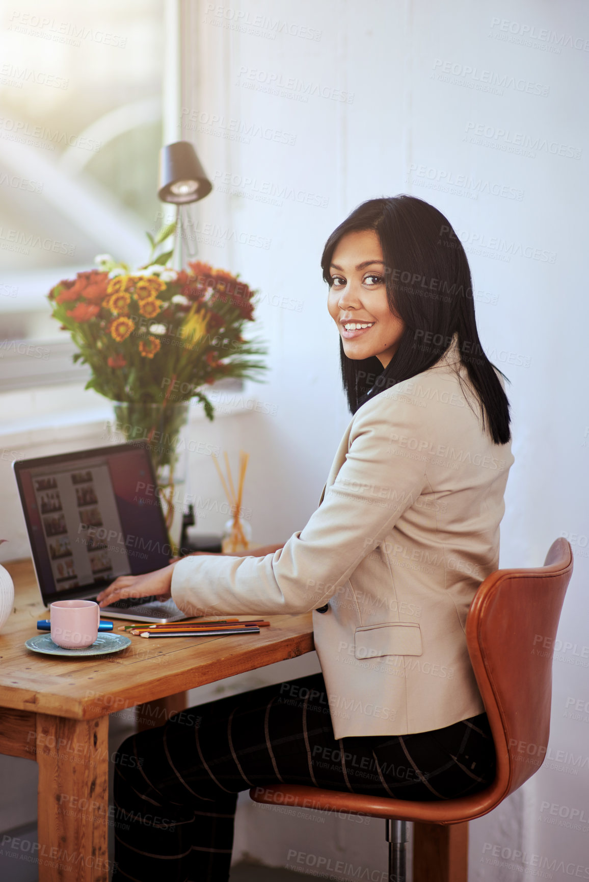 Buy stock photo Woman, laptop and home office in portrait with smile for creative in small business with confidence at desk. Designer, startup and graphic with working in house with pride, website and technology