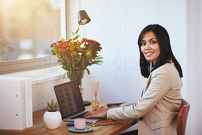 Buy stock photo Woman, home office and laptop in portrait with smile for creative in small business with confidence at desk. Designer, graphic and startup with working in house with pride, website and technology