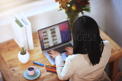 Buy stock photo Above, woman and laptop screen in home office for work, company or business with stationary, files and coffee. Female entrepreneur, online and ux for startup with technology, typing and workspace