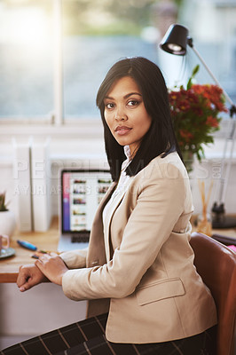 Buy stock photo Businesswoman, laptop and home office in portrait with creative in small business with confidence at desk. Designer, startup and graphic with working in house with latino in pride for work in writing