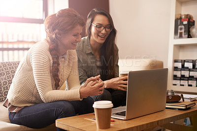 Buy stock photo Coffee shop, teamwork and business women on laptop for conversation, talking or discussion for remote work. Freelance, happy and people on computer for internet, research and website in restaurant