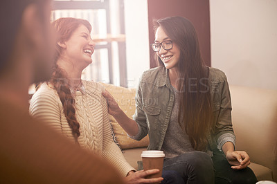 Buy stock photo Coffee shop, laugh and women with drink in conversation, talking and chatting for social visit. Friends, discussion and people with caffeine, cappuccino and beverage in restaurant, cafe and store