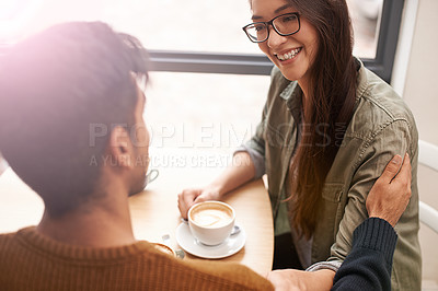 Buy stock photo Couple, date and coffee shop with conversation, love and talking together with hot drink in a cafe. Woman, smile and happy from discussion and chat in a restaurant with tea or cappuccino at a table 