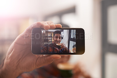 Buy stock photo Smartphone, screen and selfie with man, hand and photography for social media, live streaming and memory. Closeup, influencer with content creation and communication, mobile app and smile in picture