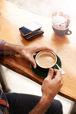 Buy stock photo Man, hands and coffee with breakfast for drink, caffeine or morning beverage at indoor restaurant. Closeup of male person with mug or cup of latte, cappuccino or espresso on desk or table at cafe