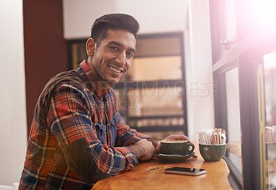 Buy stock photo Happy man, portrait and coffee at cafe for breakfast, morning or drink at indoor restaurant. Young male person or freelancer with smile for latte, customer service or cappuccino at cafeteria or shop