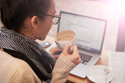 Buy stock photo Coffee, woman and laptop for remote work in cafe or coffee shop. Networking, female student or businesswoman with mobile device and newspaper in restaurant with hot beverage for copywriting.