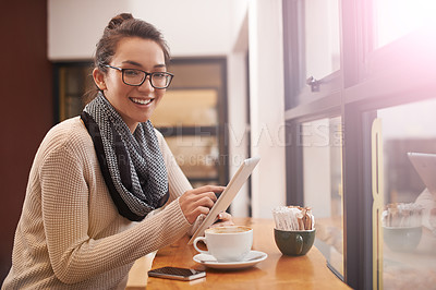 Buy stock photo Happy woman, portrait and cafe with tablet for research, online browsing or networking at indoor restaurant. Face of female person with smile on technology for communication or search at coffee shop
