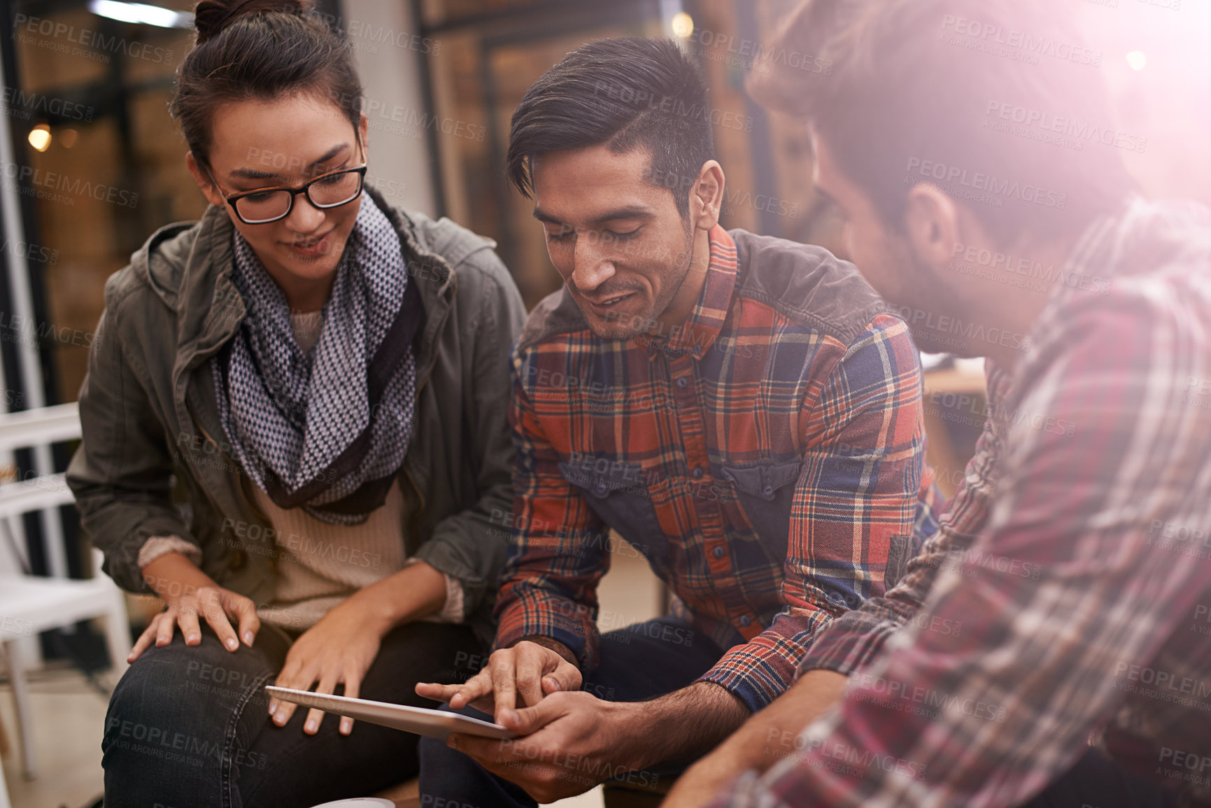 Buy stock photo People, students and discussion with tablet at cafe on project, deadline or schedule at indoor restaurant. Group of friends on technology for online browsing, research or communication at coffee shop