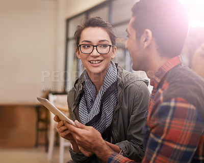 Buy stock photo Happy, cafe and students with a tablet, friends and connection for social media, communication and discussion. Mobile app, man or woman in a restaurant, technology and conversation with collaboration