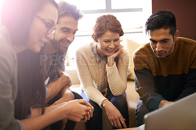 Buy stock photo Happy team, meeting and planning with laptop at cafe for discussion or creative project. Group of people, employees or friends with technology for brainstorming or startup at coffee shop or lounge