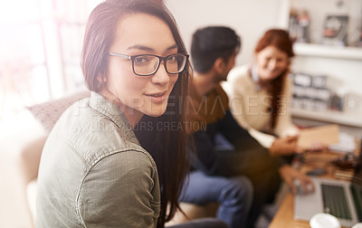 Buy stock photo Morning, business people and portrait of woman in meeting, discussion and conversation for ideas. Teamwork, creative agency and men and women in cafe for brainstorming, planning and collaboration