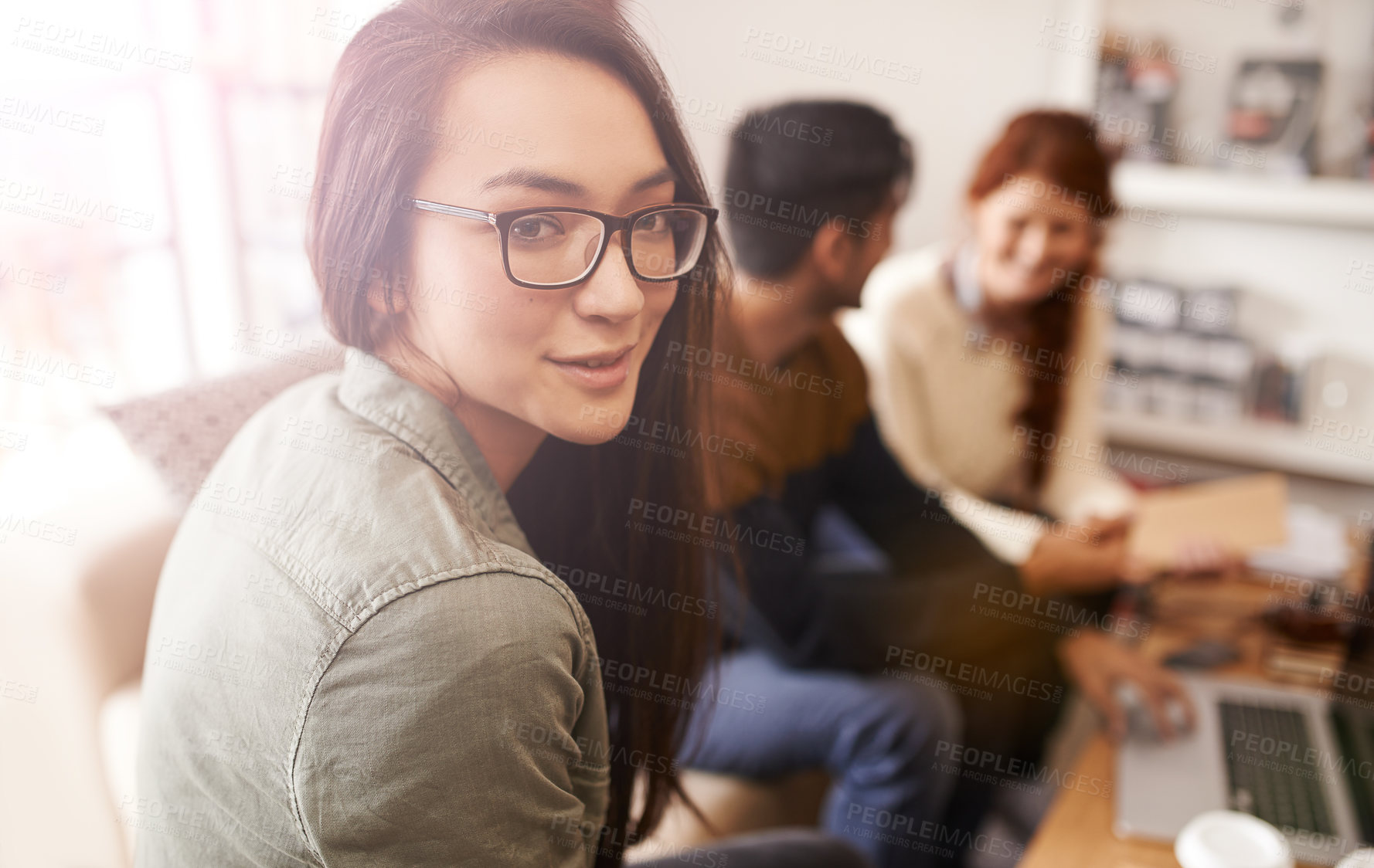 Buy stock photo Morning, business people and portrait of woman in meeting, discussion and conversation for ideas. Teamwork, creative agency and men and women in cafe for brainstorming, planning and collaboration