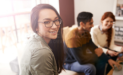 Buy stock photo Happy, business people and portrait of woman in meeting, discussion and conversation for ideas. Teamwork, creative agency and men and women in cafe for brainstorming, planning and collaboration