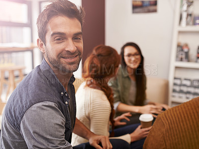 Buy stock photo Startup, business people and portrait of man in meeting, discussion and conversation for ideas. Teamwork, creative agency and men and women in cafe for brainstorming, planning and collaboration