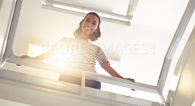 Buy stock photo Low angle, businesswoman and portrait for confidence by stairs, office and professional by railing. Female person, happy and entrepreneur pride for startup company, consultant and work opportunity